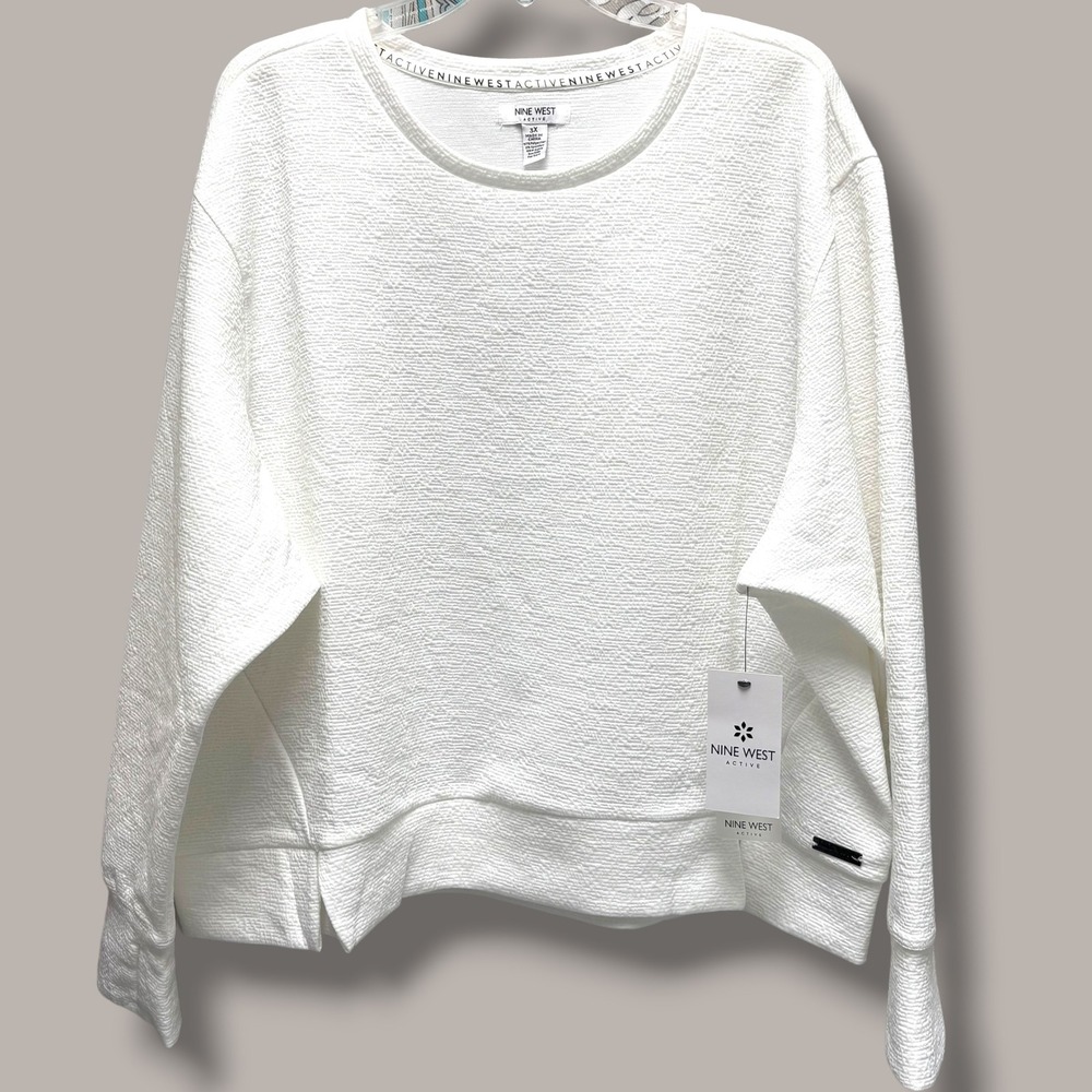 Nine West Active Womens 3X Off-White Textured Jacquard Long Sleeve Sweatshirt